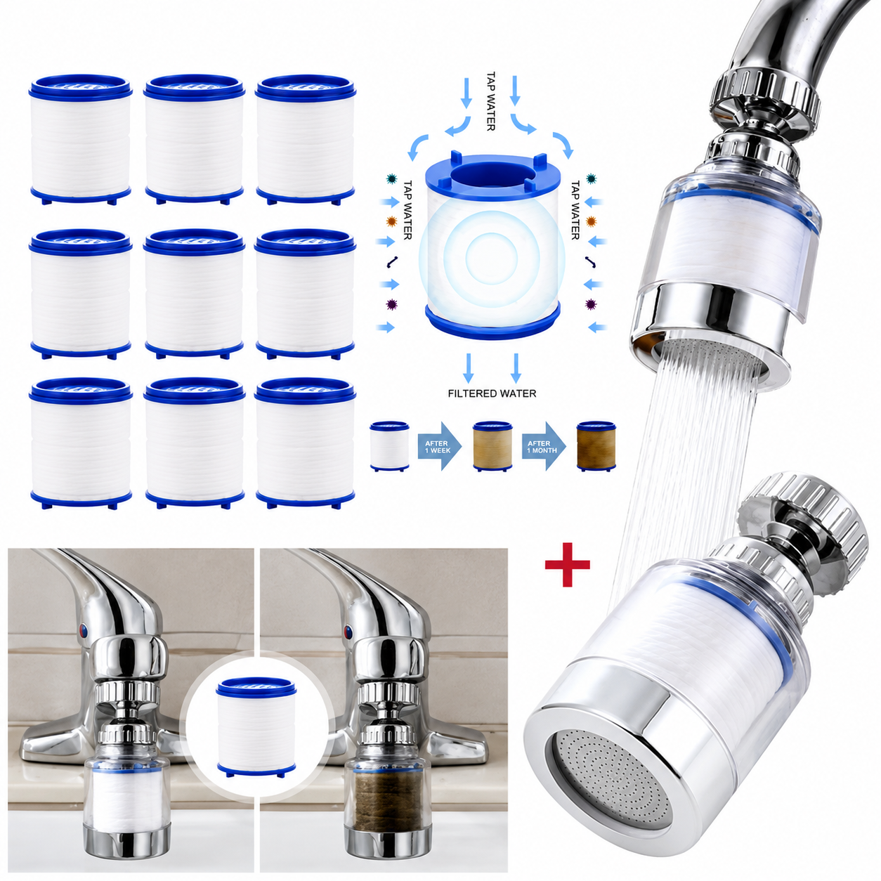 Anti-Splash Faucet Filter Spray Head – 1 Filter Head + 9 Replacement Filters